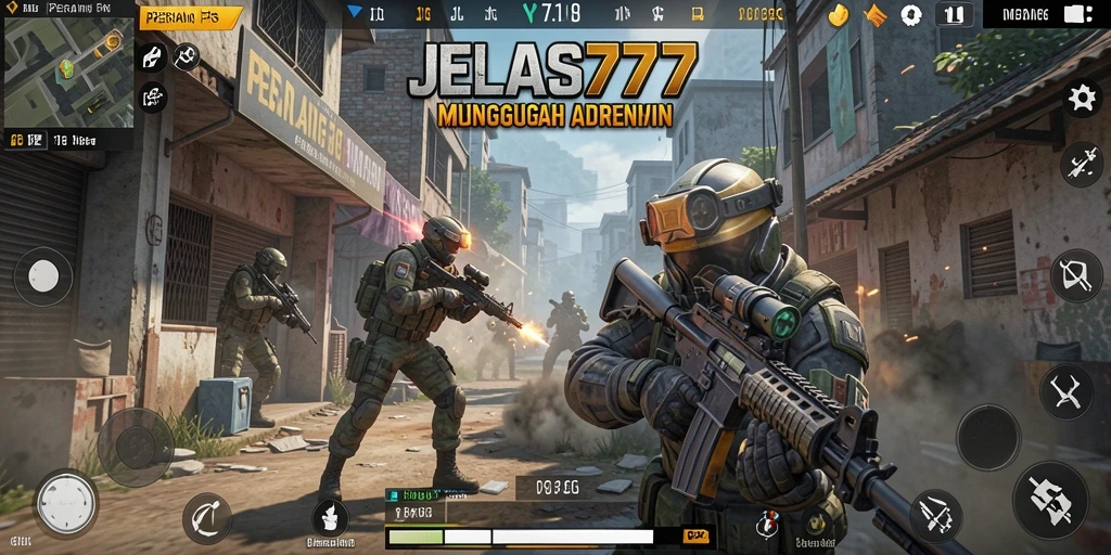 Screenshot menunjukkan aksi seru dalam permainan FPS JELAS777.