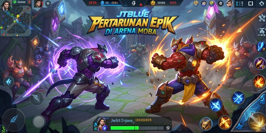 Screenshot gameplay MOBA JTBLUE menampilkan pertarungan epik yang seru.
