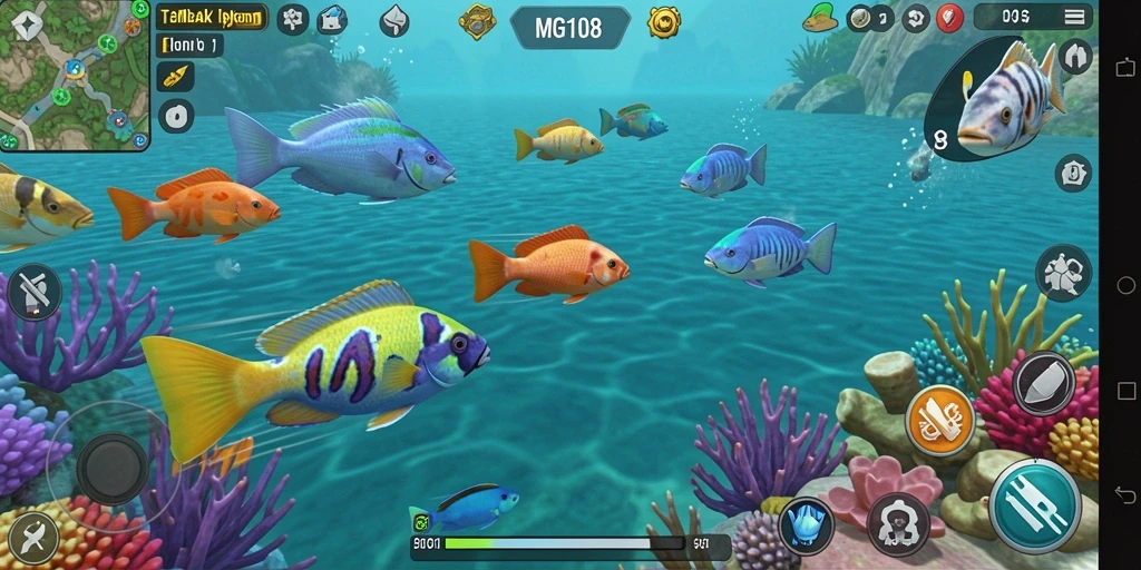 Tangkapan layar MG108 menampilkan aksi seru menembak ikan.